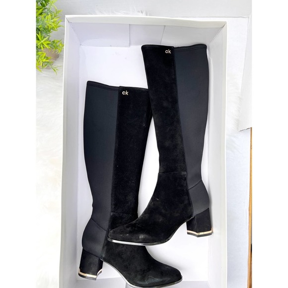 NIB Calvin Klein Womens Freeda Tall Suede Neoprene stretch Boots, BLACK … - Picture 10 of 16
